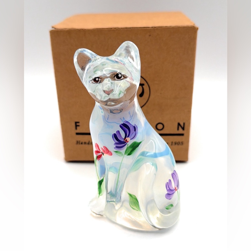 Fenton Lenox Opalescent Little White Cat Hand Painted and Signed